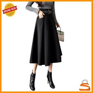 Wool Midi Skirt High Waisted A-Line Pleated Belted Winter Elegant Chic